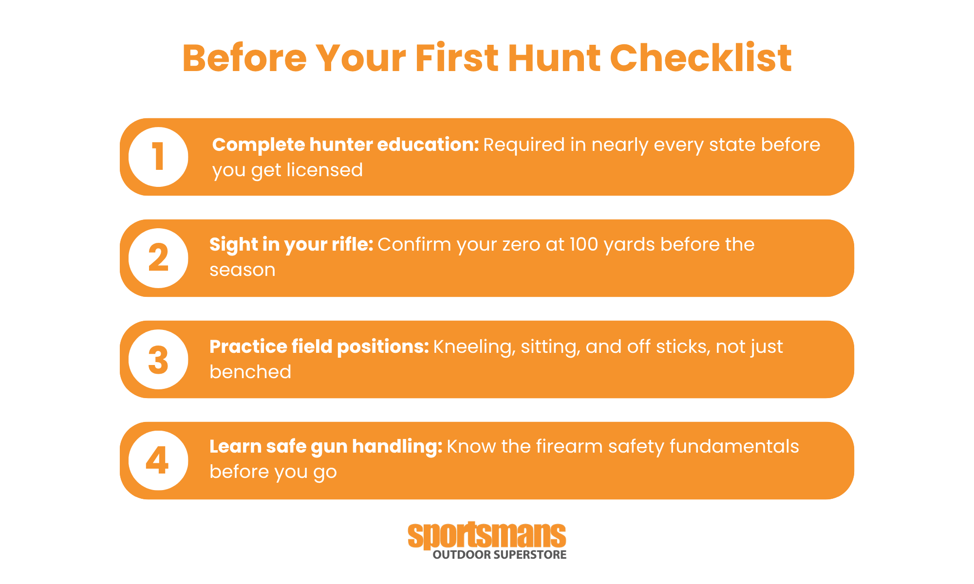 Before your first hunt checklist: complete hunter education, sight in your rifle, practice field positions, and learn safe gun handling.