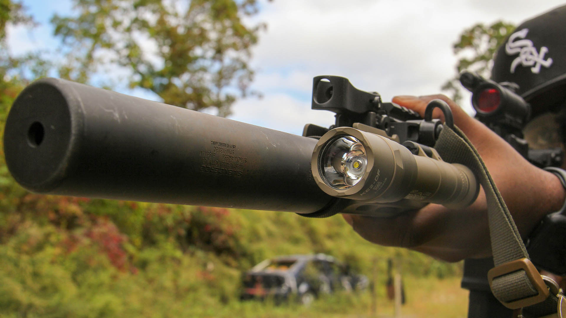 Close-up of a silencer on an AR-15
