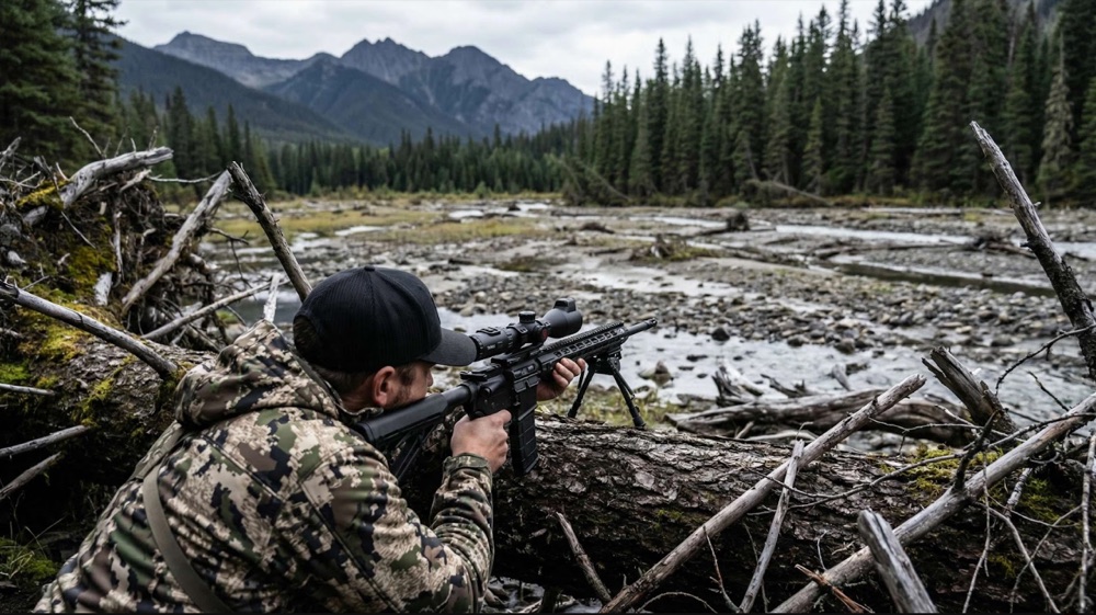 Hunter aiming a rifle with a mounted optic from behind a fallen tree