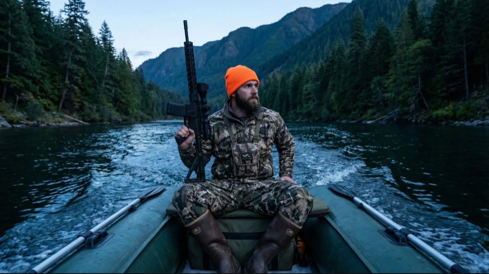 Hunter carrying a rifle equipped with an optic while traveling by boat