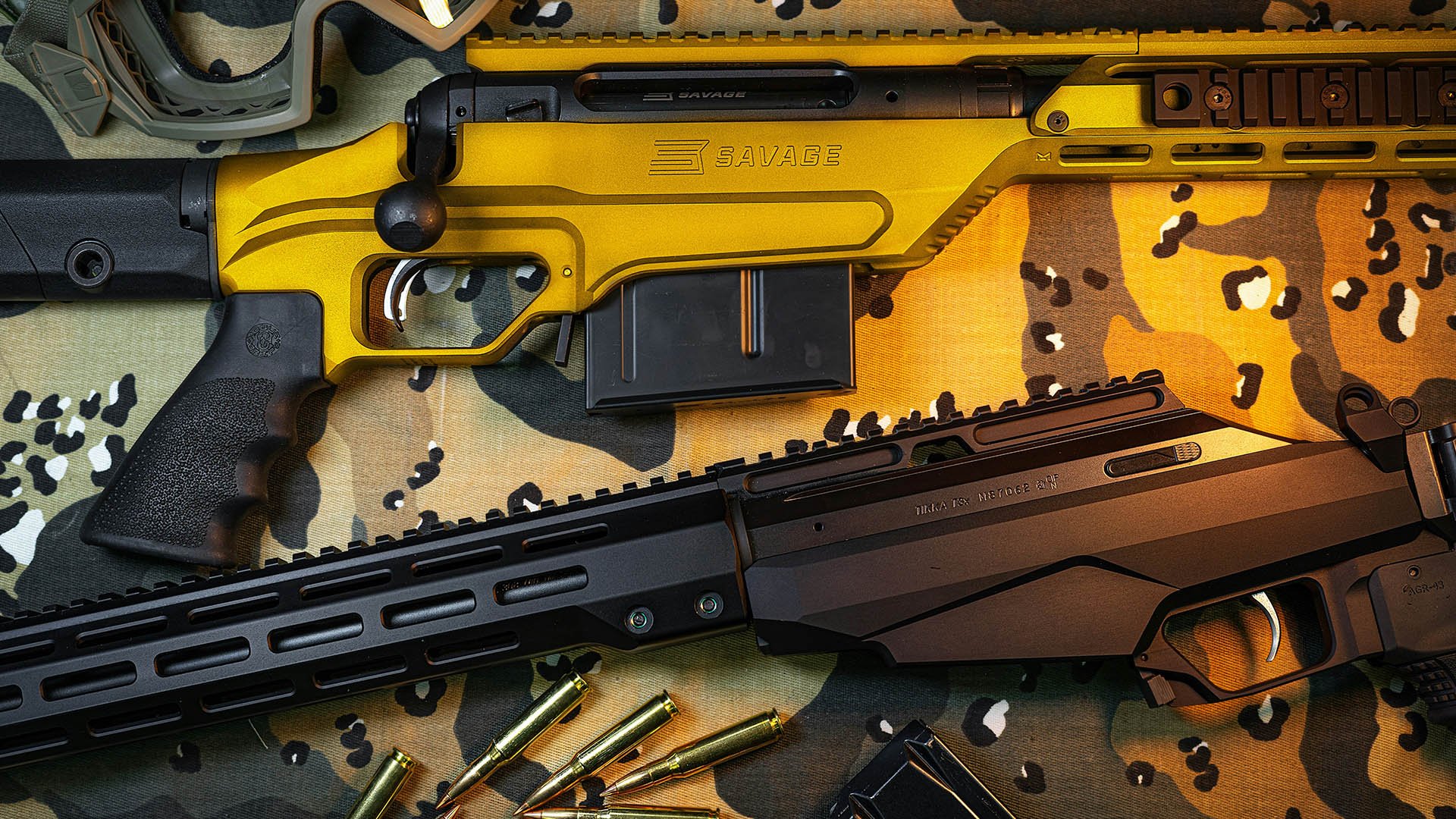 Two rifles surrounded by bullets