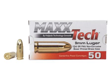 Maxx Tech 9mm Luger 124 Gr FMJ Brass Case Target Ammo 50/Box