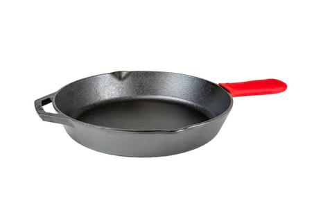 10.25 INCH CAST IRON SKILLET WITH RED SILICONE HOT HANDLE HOLDER