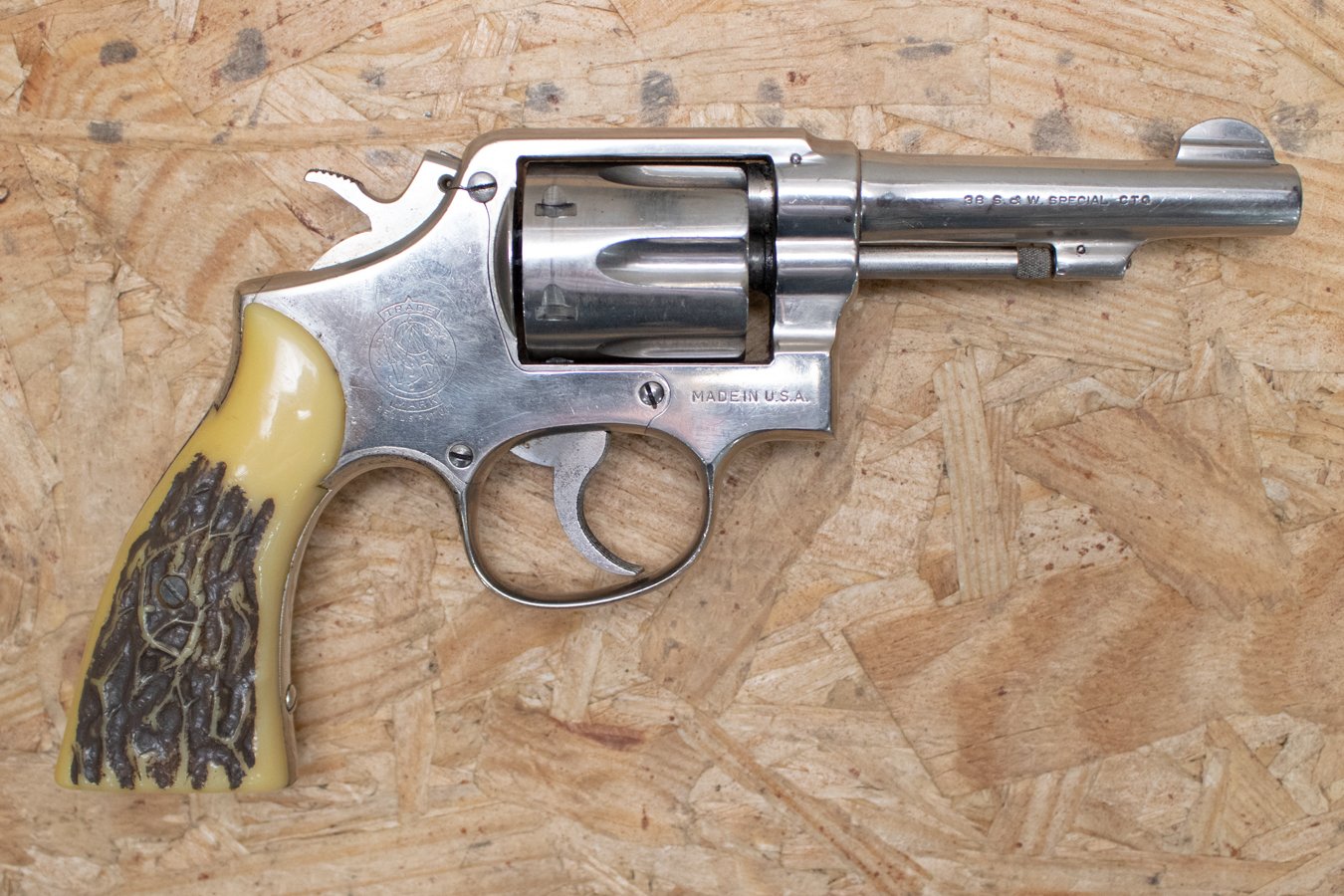 Smith & Wesson 38 Special Police Trade-In Revolver with Nickel Finish, Stag Grips