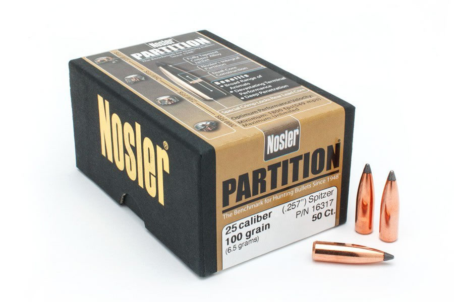 Nosler 25 cal (.257) 100 gr Spitzer Bullet 50/bx