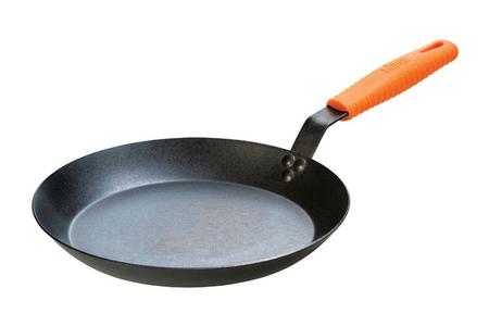 12 INCH SEASONED CARBON STEEL SKILLET WITH ORANGE SILICONE HANDLE HOLDER 