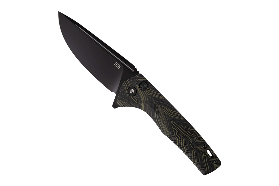 TEKTO KNIVES F3 CHARLIE DAMASCUS G10 HANDLE BLACK ACCENTS DROP LOCK BLACK D2 BLADE