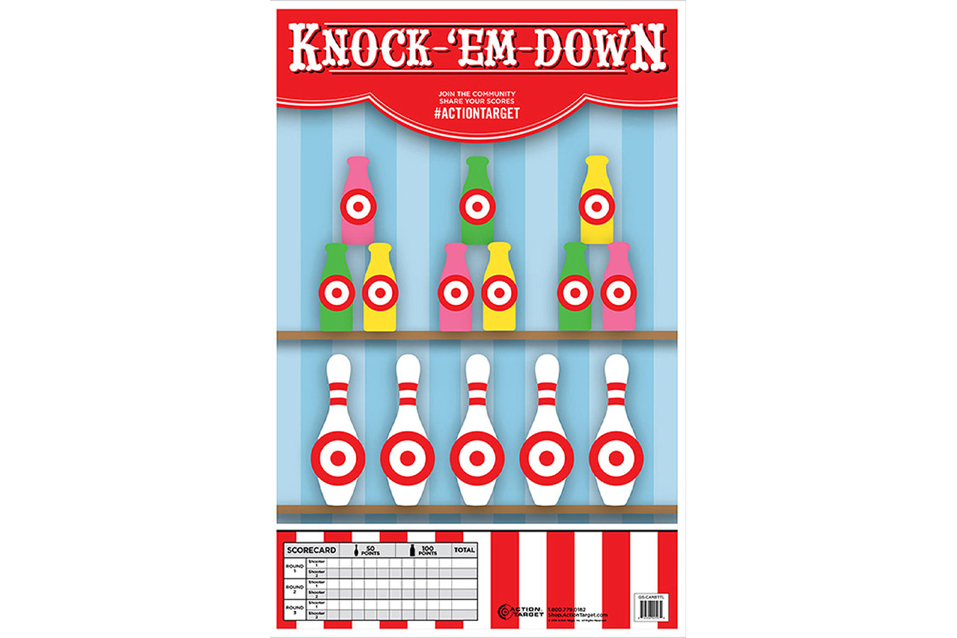 Action Targets Action Target GSCARBTTL100 Entertainment Knock-'Em-Down Bottles/Pins Paper Hanging 23