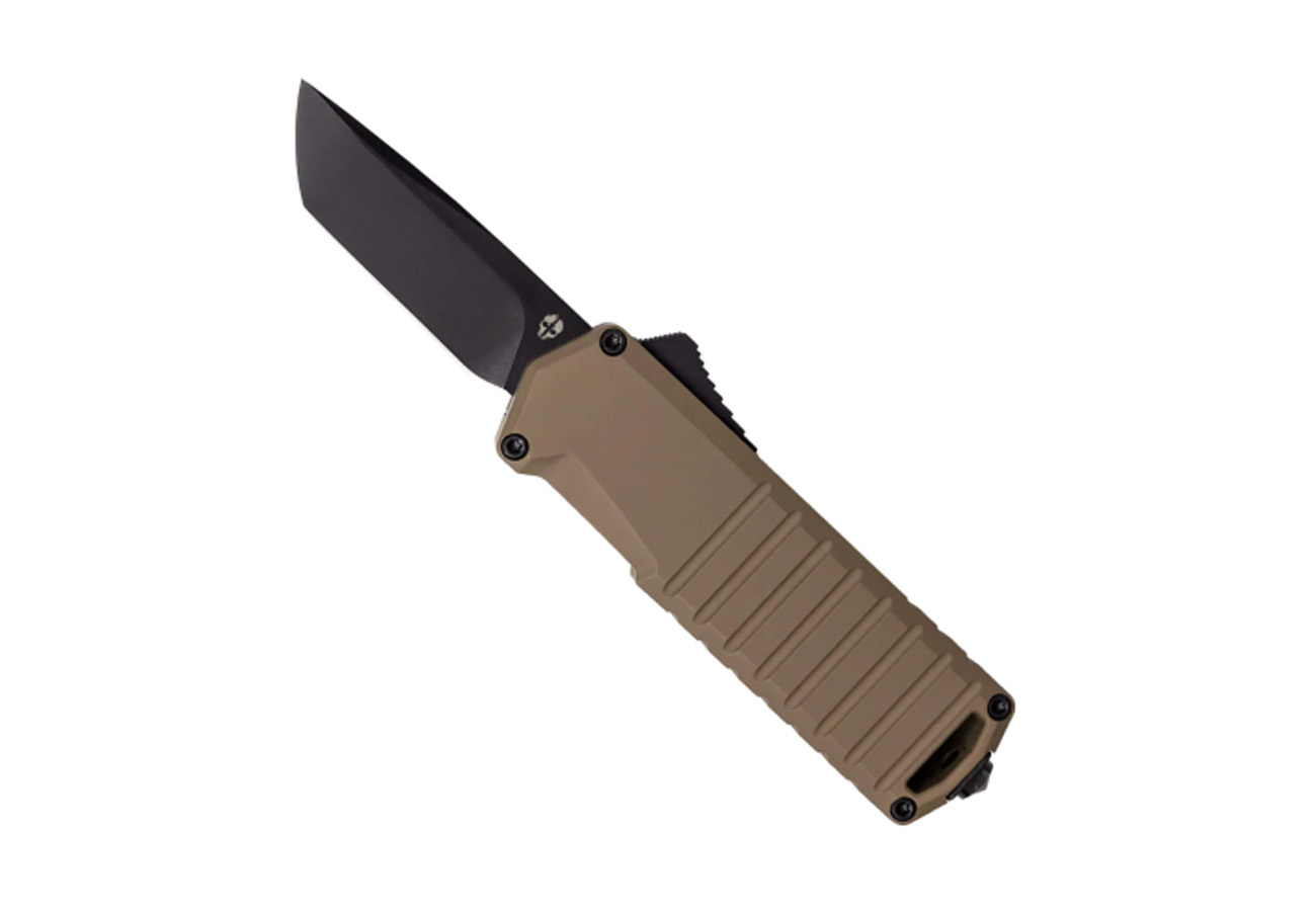 TEKTO KNIVES A2 BADGER BRONZE ALUMINUM HANDLE BLACK ACCENTS BLACK D2 TANTO