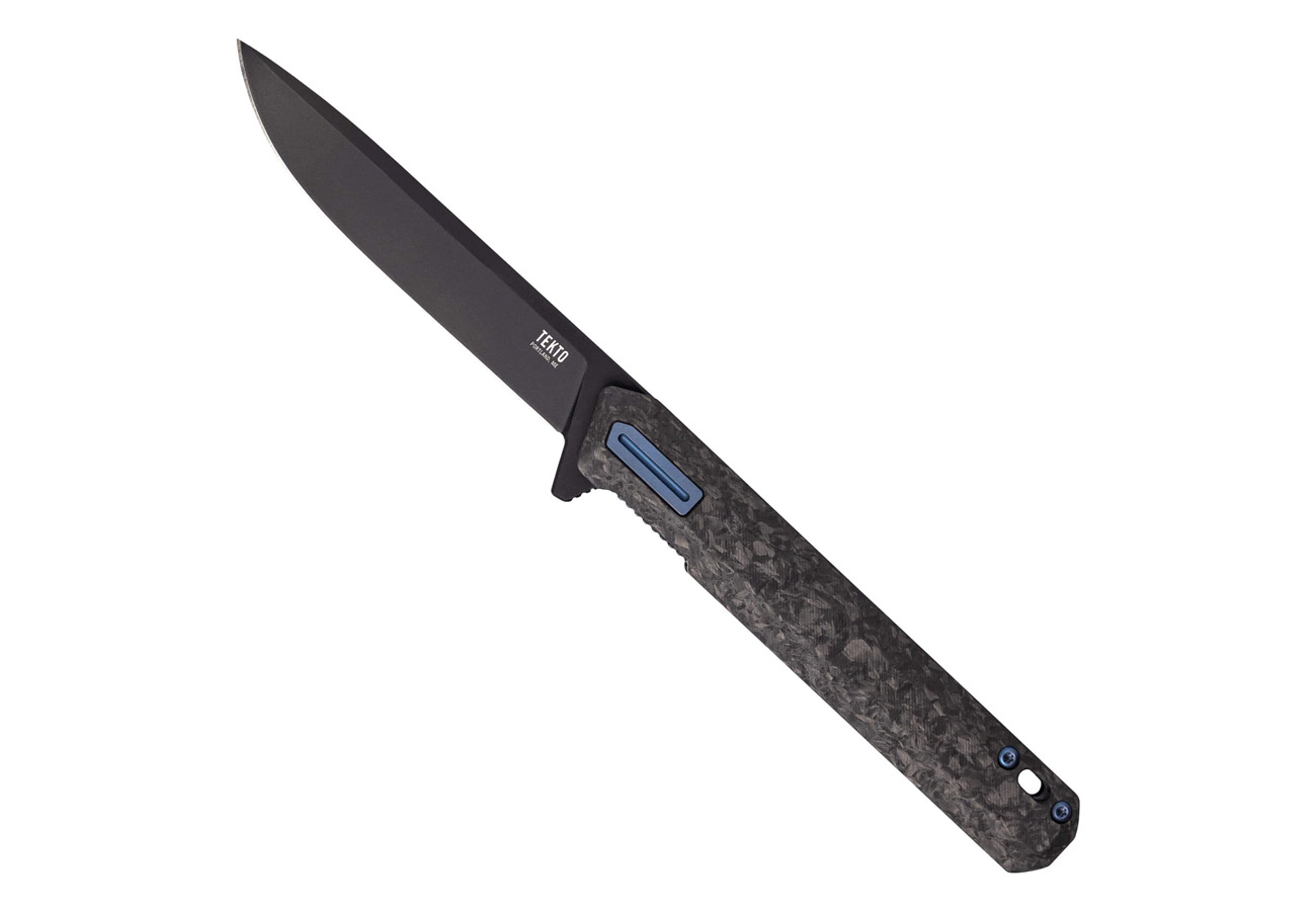 TEKTO KNIVES F2 BRAVO FORGED CARBON HANDLE BLUE TITANIUM ACCENTS BLACK D2 BLADE