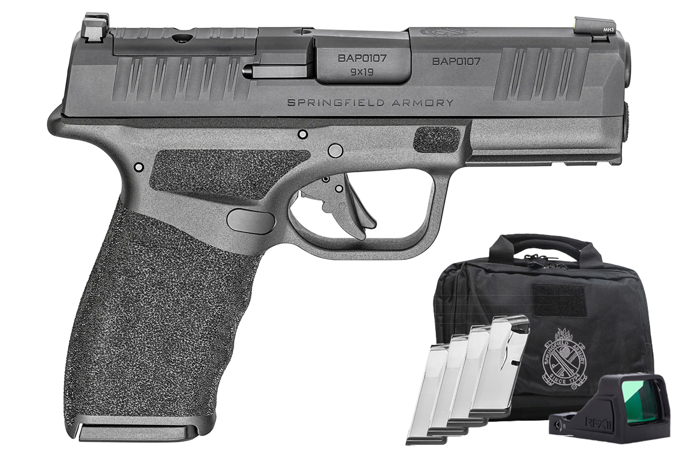 Springfield Hellcat Pro 9mm Optic Ready Gear Up Package with Viridian RFX-11 Green Dot Sight, Five Magazines and Range Bag