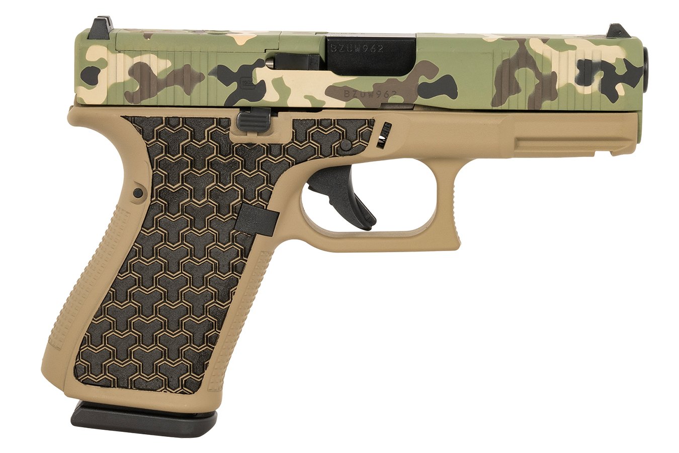 Glock 19 Gen5 Compact 9mm Pistol with Hunter Camo Slide and Coyote Tan Frame