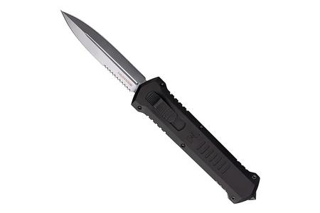 A4 HUMVEE BLACK ALUM HANDLE ACCENTS SILVER D2 DOUBLE-EDGE DAGGER SERRATED 