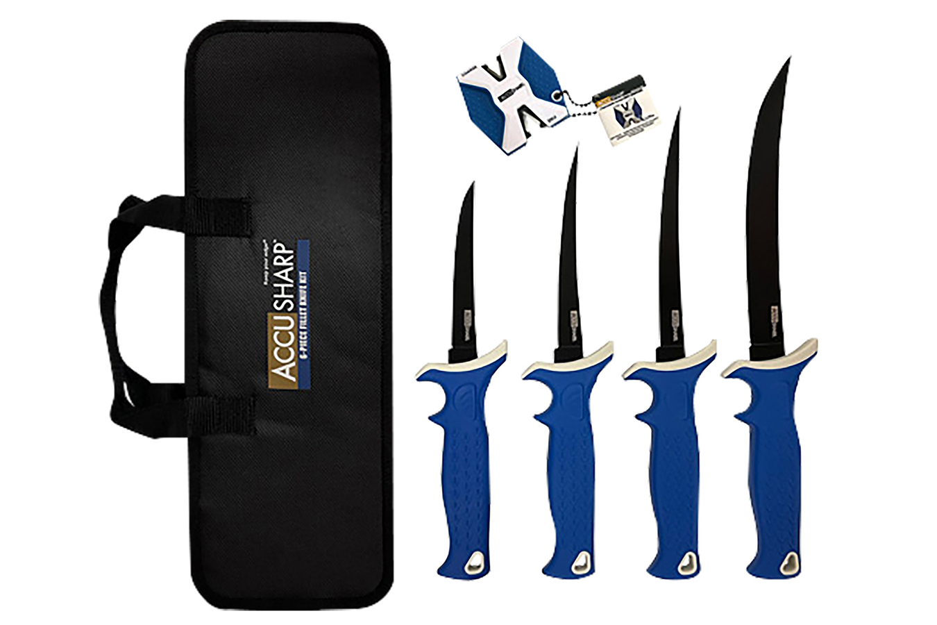 Accusharp/fortuneprodinc Knife Kit with Satin Stainless Steel Blades, Blue Non-Slip TPR Handles, and 2-Step Sharpener