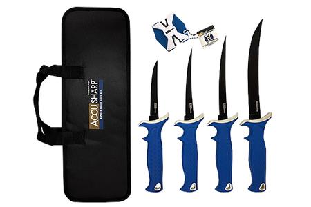 ACCUSHARP/FORTUNEPRODINC Knife Kit with Satin Stainless Steel Blades, Blue Non-Slip TPR Handles, and 2-Step Sharpener - ACCUSHARP/FORTUNEPRODINC