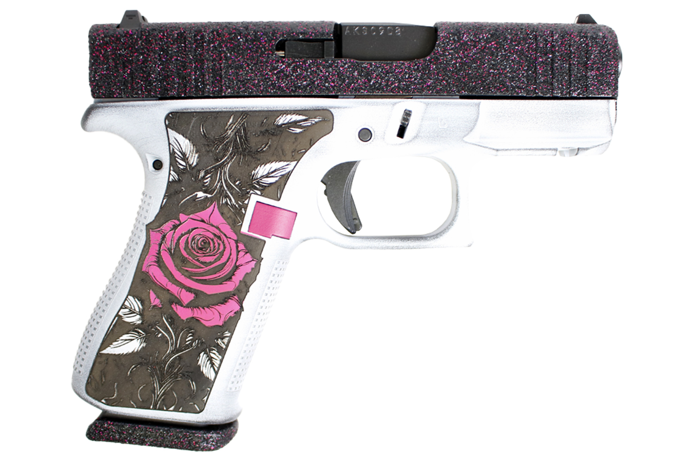 Glock G43X 9mm Pistol w/ Black Glitter Slide and Tango Rose Grip