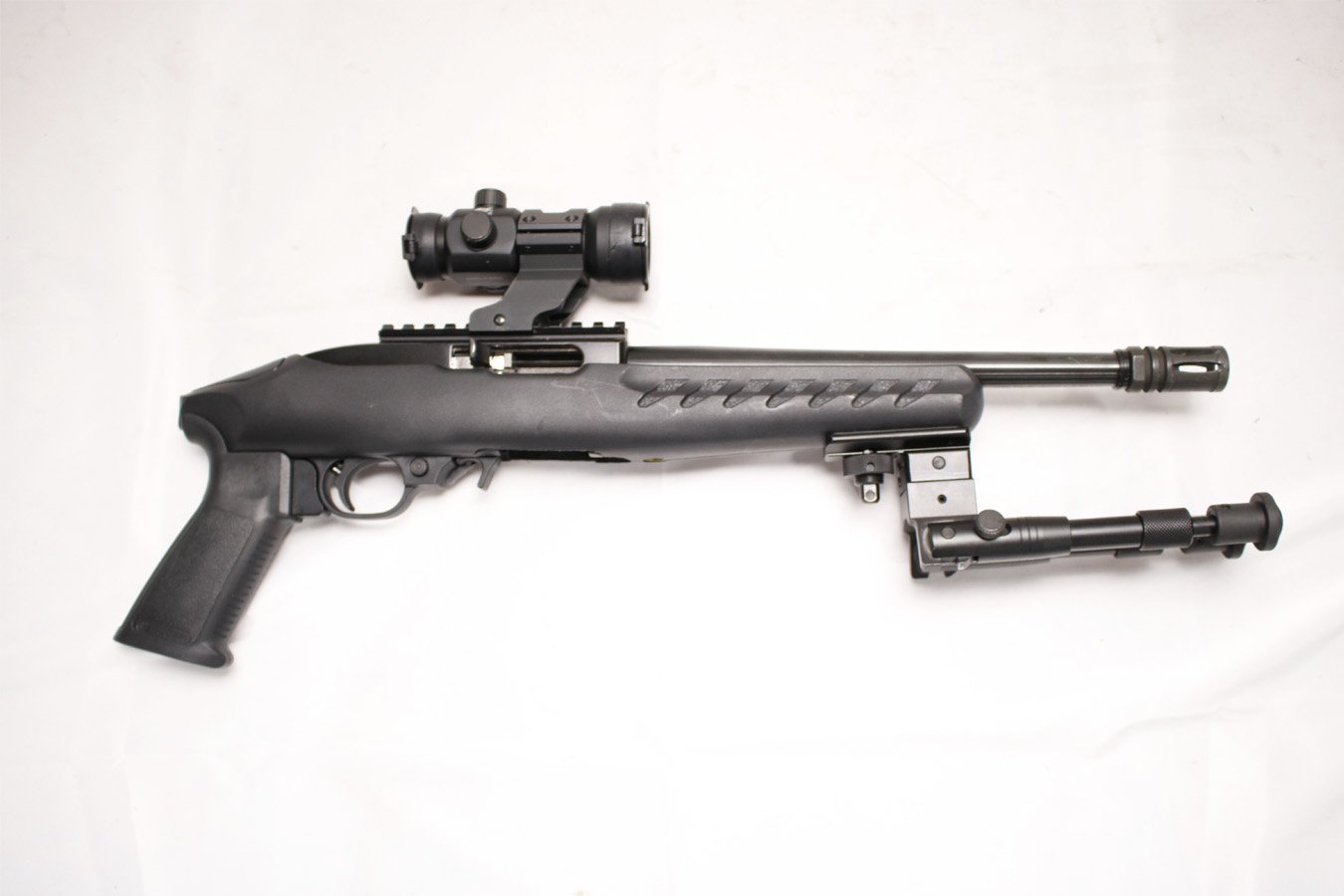 Ruger Charger 22LR Police Trade-in Pistol with Muzzle Brake, Bi-Pod and Red Dot Optic (Magazine Not Included)