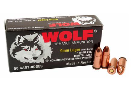 WOLF AMMO 9mm 115 gr FMJ Bimetal Steel Performance Ammunition 50/Box