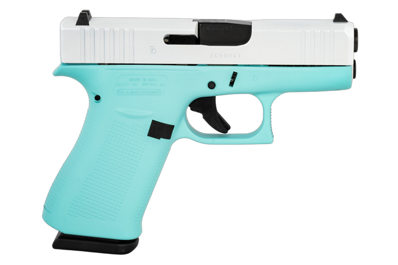 Glock 43X 9mm Pistol with White Slide and Robin Egg Blue Frame