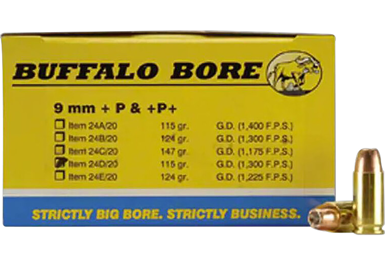 Buffalo Bore Personal Defense Strictly Business 9mmLuger +P 115gr Jacket Hollow Point 20 Per Box/12 Case