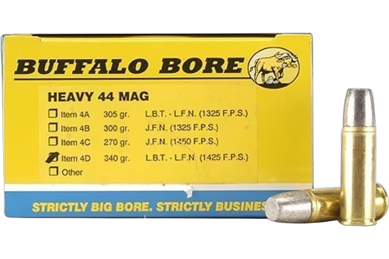 Buffalo Bore Heavy Strictly Business 44Rem Mag +P+ 340gr Lead Flat Nose 20 Per Box/12 Case