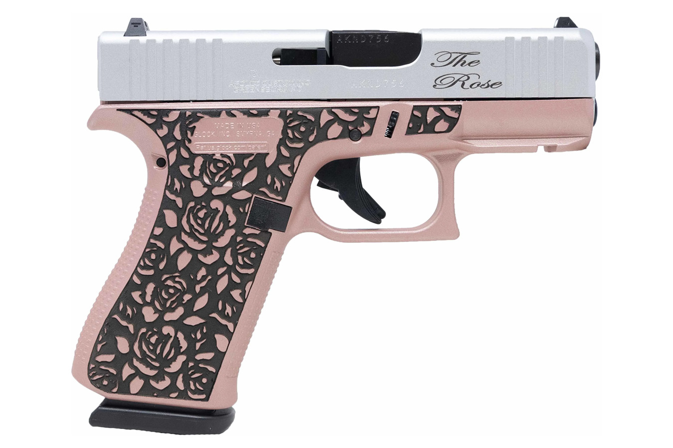 Glock 43X 9mm Pistol with Rose Gold Engraved Frame and Shimmering Aluminum Slide