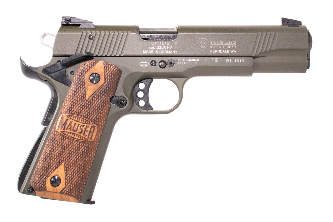 Blue Line Solutions Mauser 1911-22 22LR Rimfire Pistol with OD Green Frame and Walnut Grips