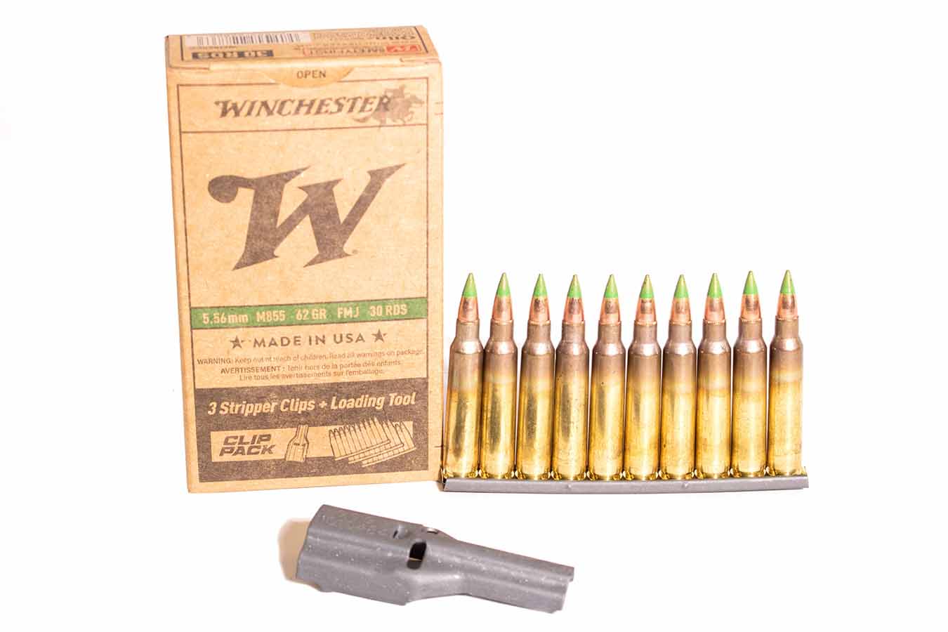 Winchester 5.56 NATO 62 gr FMJ M855 Green Tip Stripper Clips 30/Box