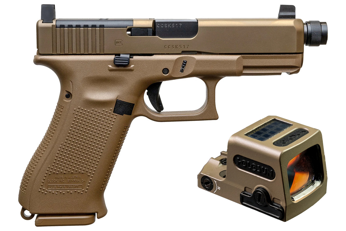 Glock 19X MOS 9mm Pistol with Threaded Barrel, Coyote Tan Finish, and Holosun Red Dot Optic