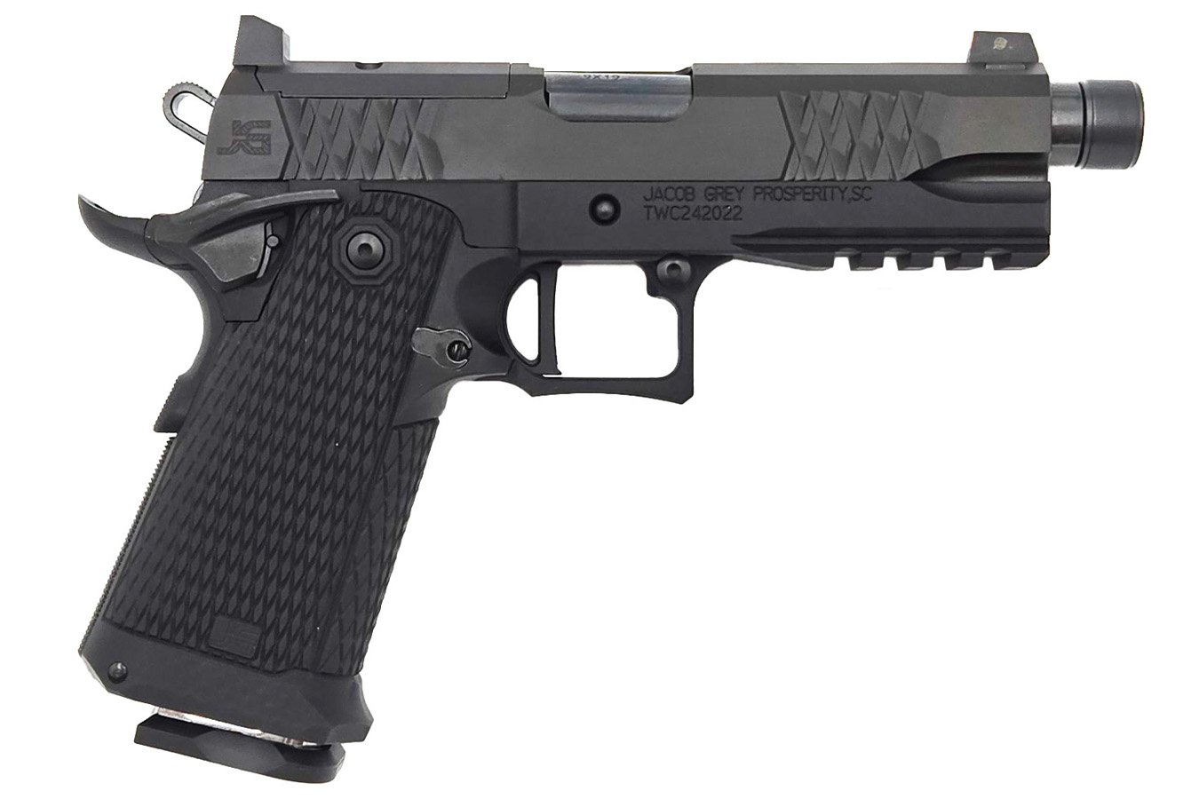 Jacob Grey TWC Black 9mm Pistol with 4.25 Inch Threaded Barrel