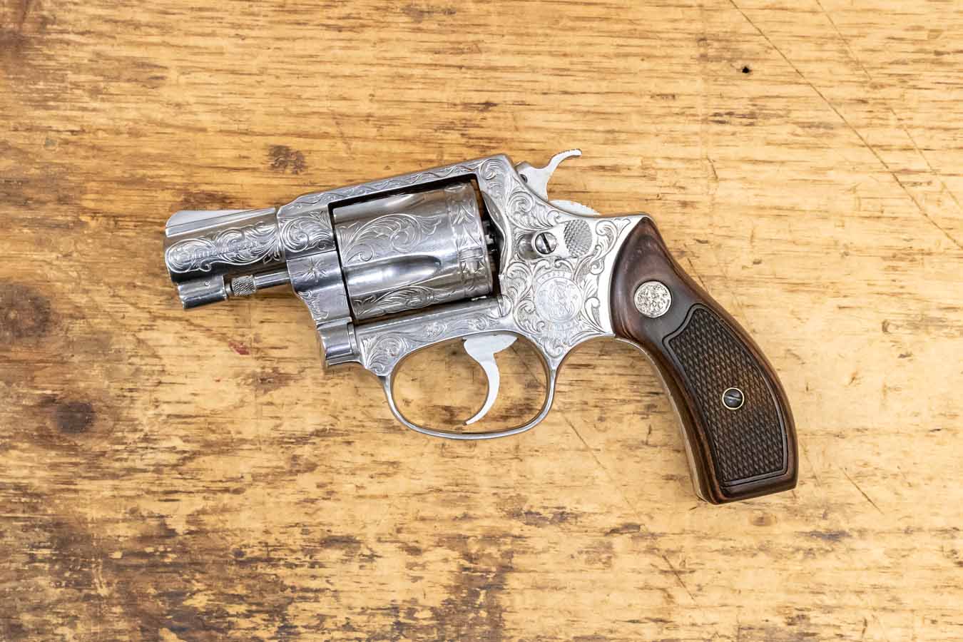 Smith & Wesson Model 60 Stainless 38 Special Used Police Trade-in Revolver with Engraving and Wood Grips