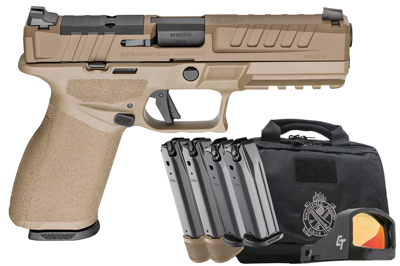 Springfield Echelon 9mm Optic Ready FDE Gear Up Package with Crimson Trace Red Dot, Five Magazines, and Range Bag