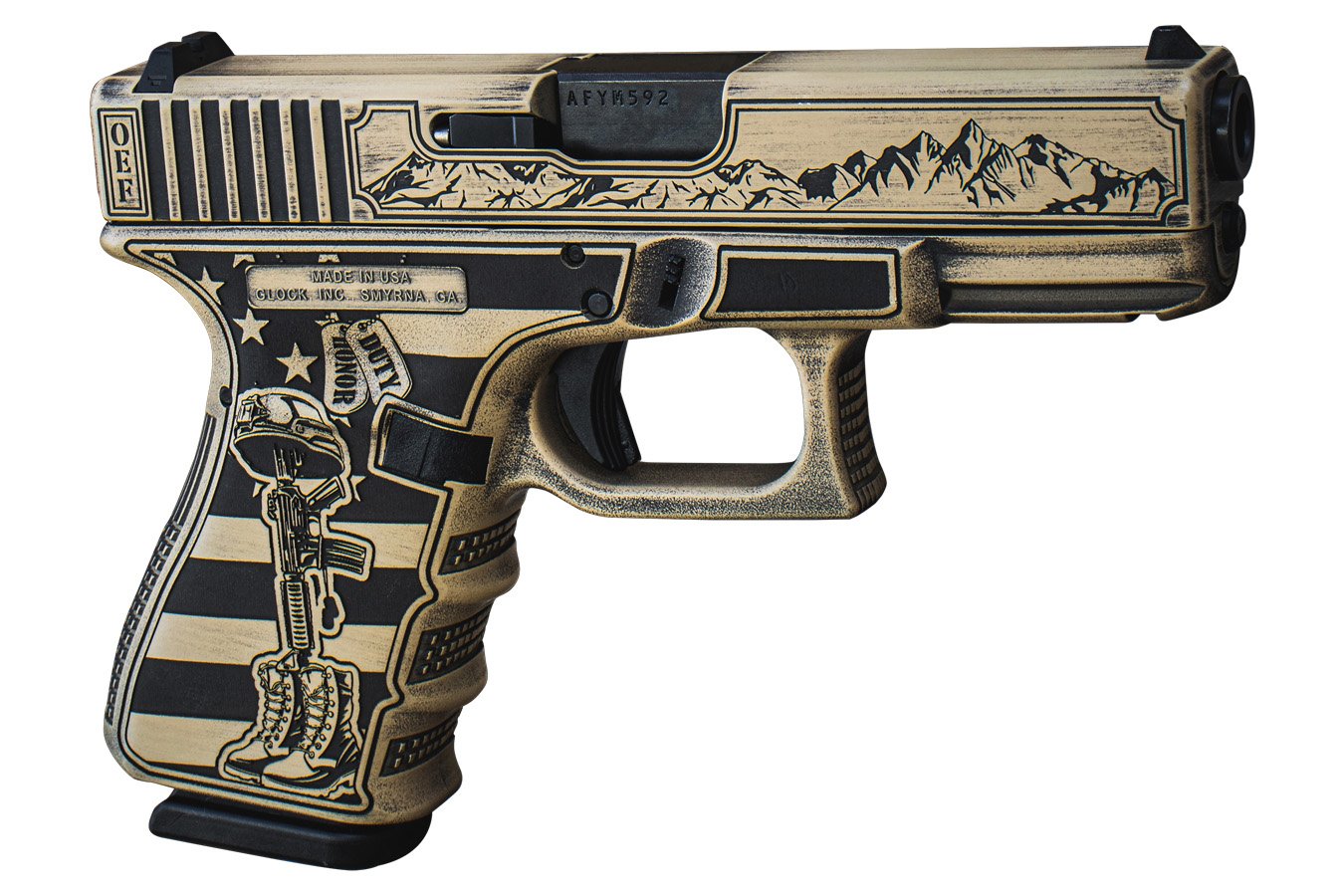 Glock 17 Gen5 9mm Pistol with Mountain Range Engraved Slide and Battlefield Cross Engraved Grips