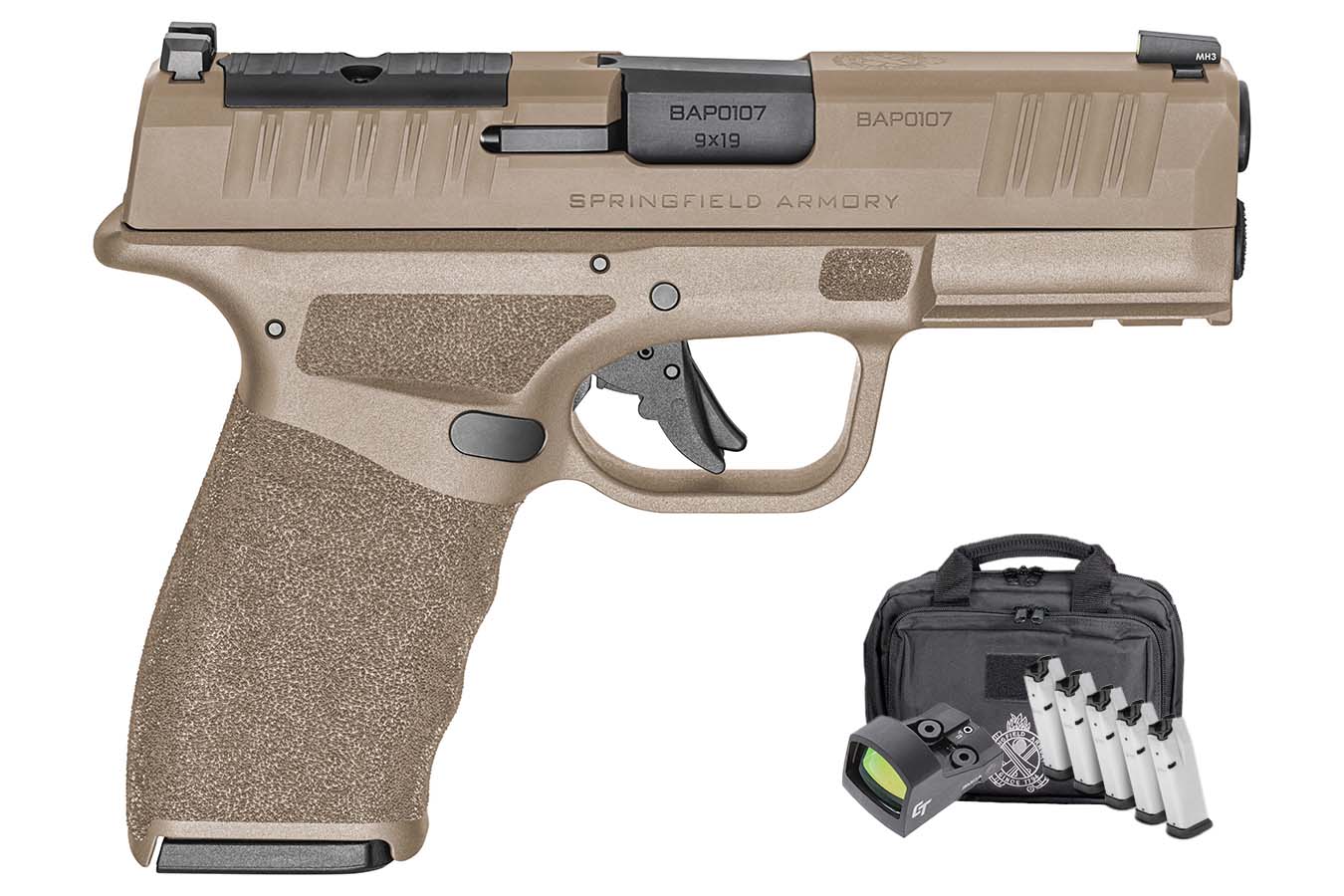 Springfield Hellcat Pro OSP 9mm Optic Ready FDE Gear Up Package with Five Magazines and Range Bag