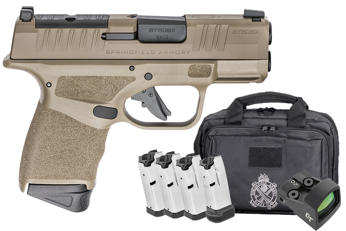 Springfield Hellcat OSP 9mm Semi-Auto Pistol FDE Gear Up Package with Five Magazines, Range Bag, and Crimson Trace Red Dot Optic