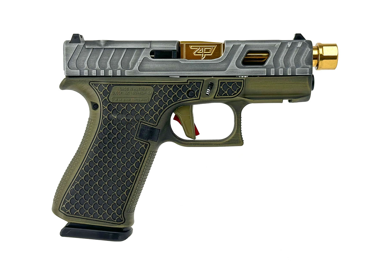 Glock 43X MOS 9mm Optic Ready Pistol with Green Tarpon Finish and Gold Threaded Barrel