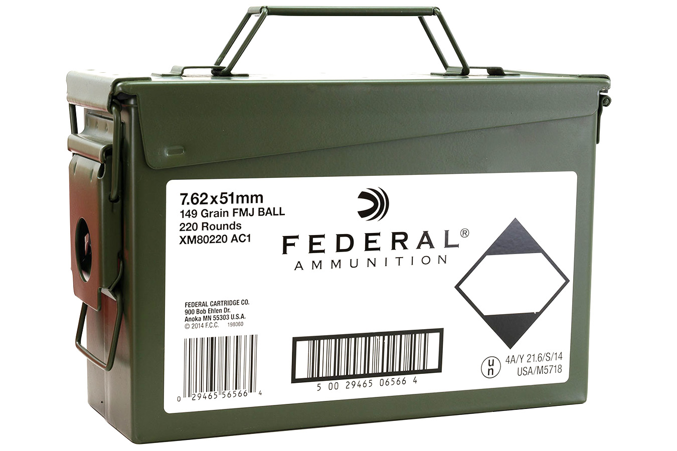 Federal XM80 7.62x51mm NATO 149 gr FMJ 220 Rounds with Ammo Can