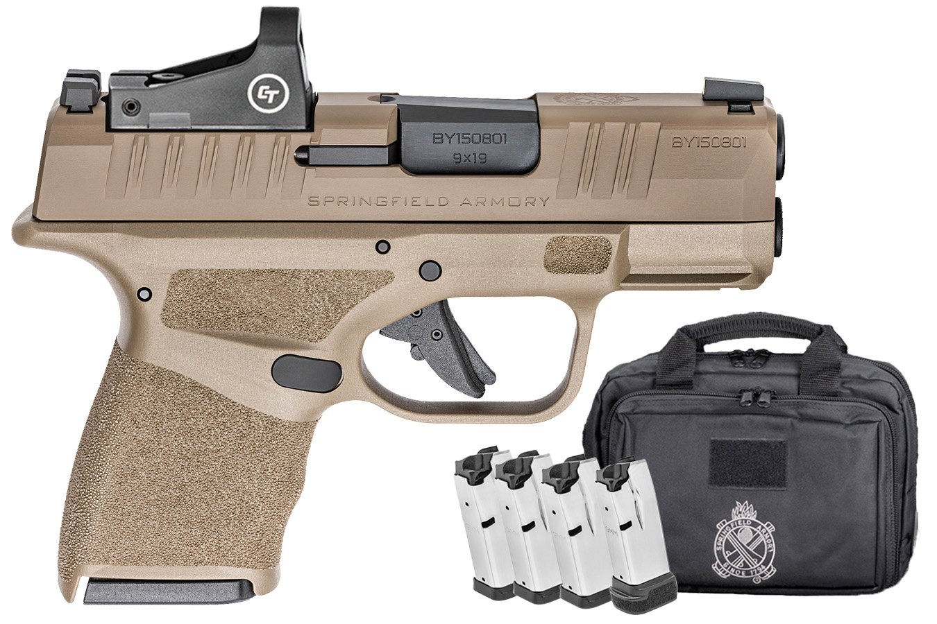Springfield Hellcat 9mm Semi-Auto Pistol FDE Gear Up Package with Crimson Trace Optic, Five Magazines, and Range Bag