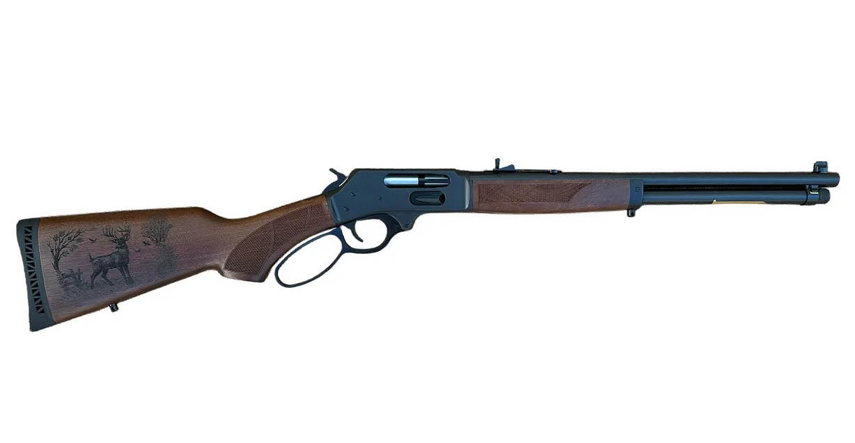 Henry Steel .45-70 Government Lever-Action Rifle with Custom Deer Engraving on Stock