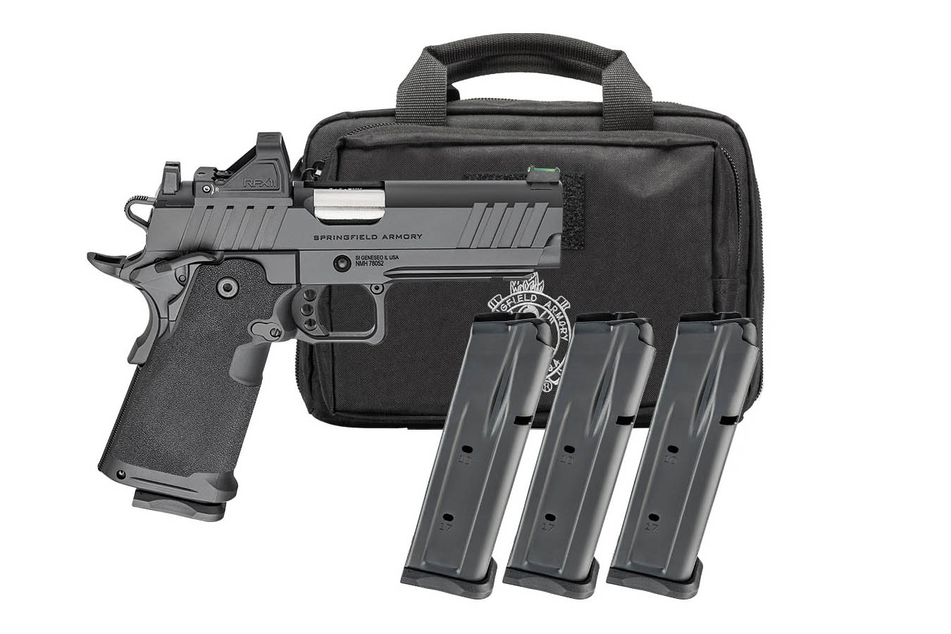 Springfield 1911 DS Prodigy 4.25 AOS 9mm Gear-Pac with Viridian RFX-11 Green Dot, Four Mags and Range Bag