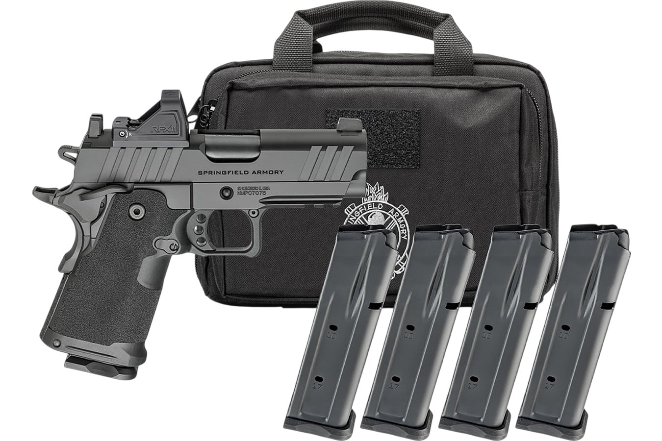 Springfield 1911 DS Prodigy 3.5 Compact 9mm Gear-Pac with Viridian RFX-11 Green Dot, 4 Magazines and Pistol Bag