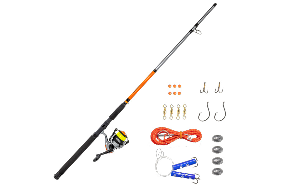 Zebco Ready Tackle Catfish 60SZ 8 Foot 2 Piece Medium Heavy Spinning Combo with Eagle Claw Tackle