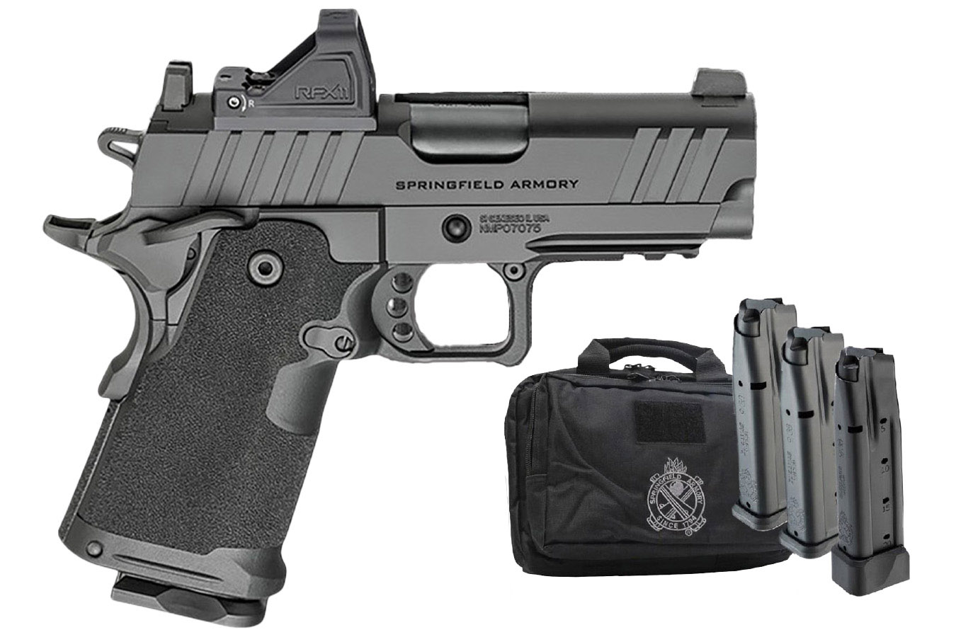 Springfield 1911 DS Prodigy 3.5 Compact 9mm Gear-Pac with Viridian RFX-11 Green Dot, 4 Magazines and Pistol Bag