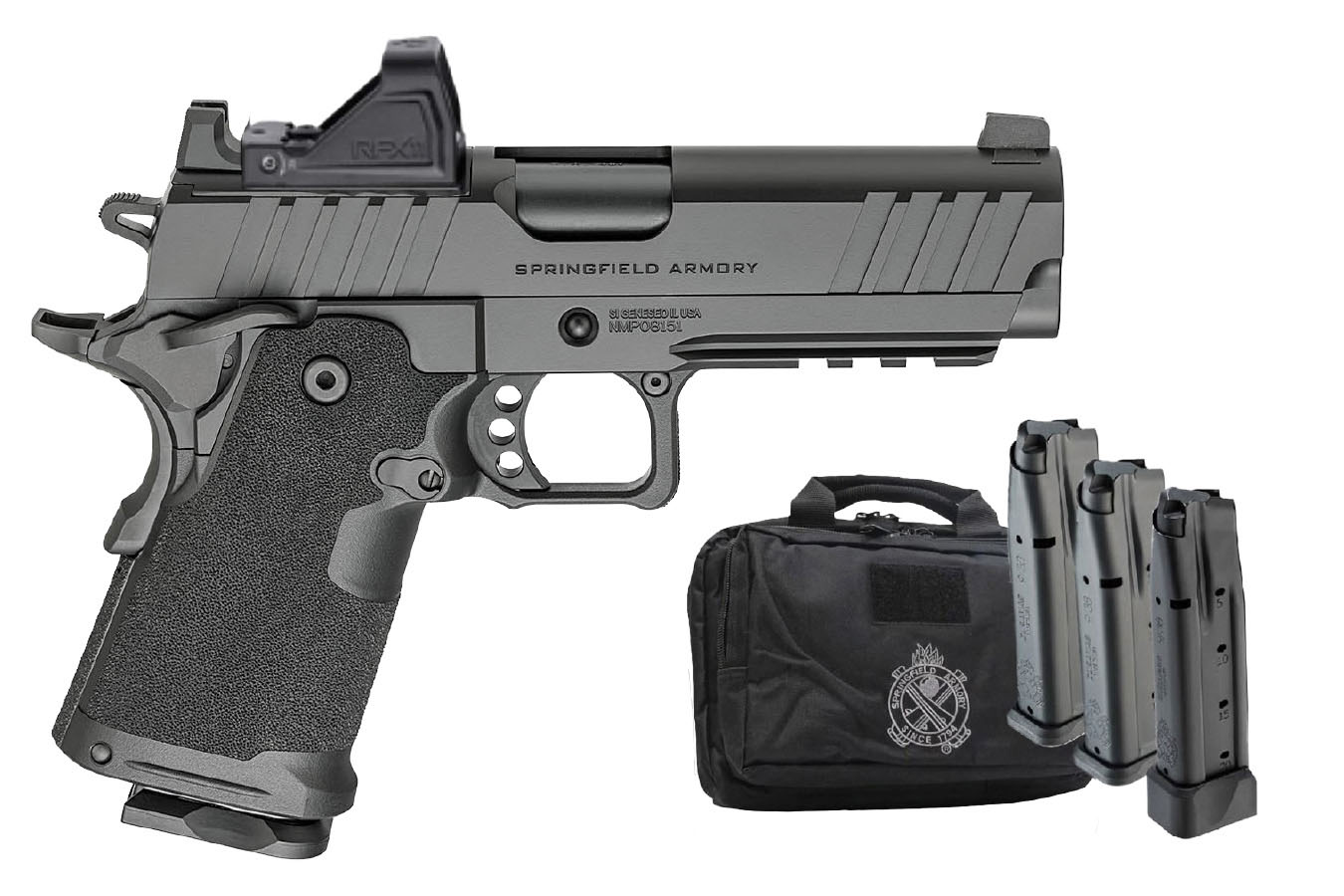 Springfield 1911 DS Prodigy Gear Pac 9mm Semi-Auto Optic Ready Pistol with Four Magazines, RFX-11 Green Dot and Range Bag