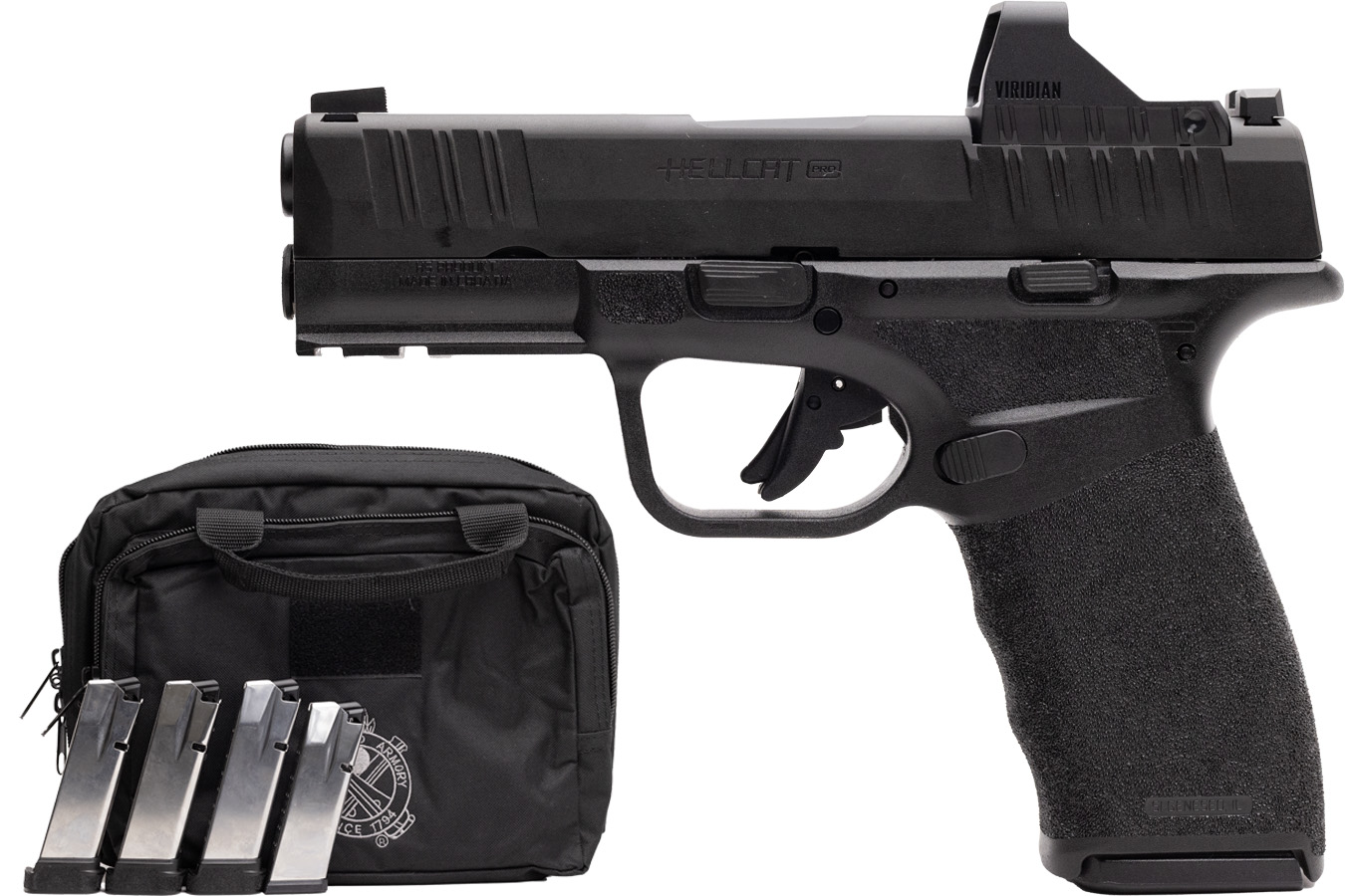 Springfield Hellcat Pro 9mm Pistol with Viridian RFX-11 Green Dot, Four Mags and Pistol Bag