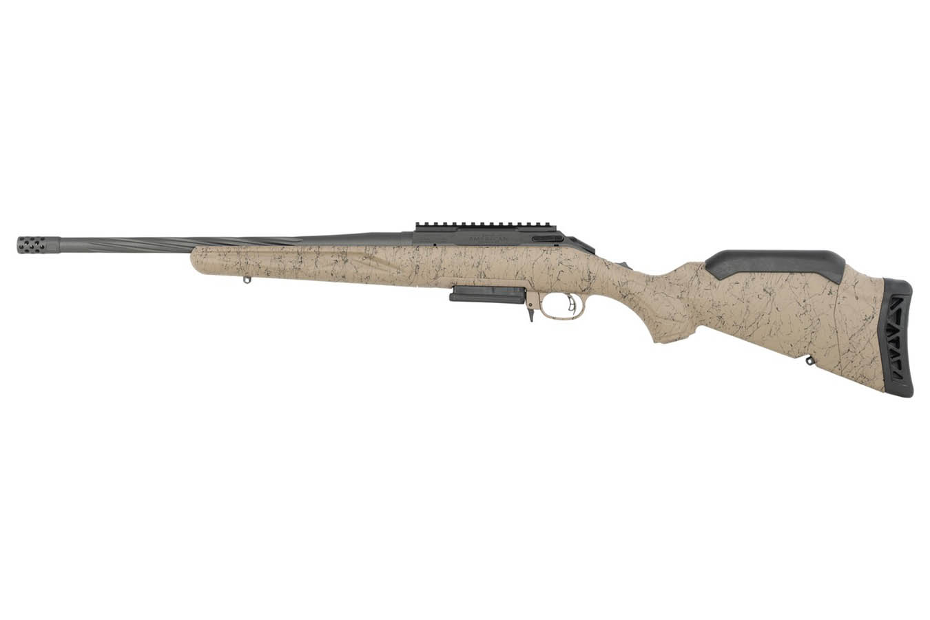 No. 18 Best Selling: RUGER AMERICAN II RANCH 22 CRDMR 16.4` THREADED BARREL FDE SPLATTER STOCK 