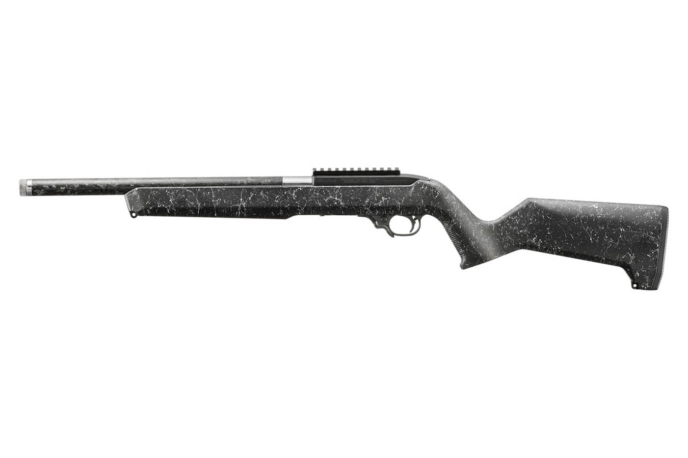 Ruger 10/22 22LR Semi-Auto Rifle with Carbon Fiber Threaded Barrel and White/Black Speckle Magpul MOE X-22 Stock