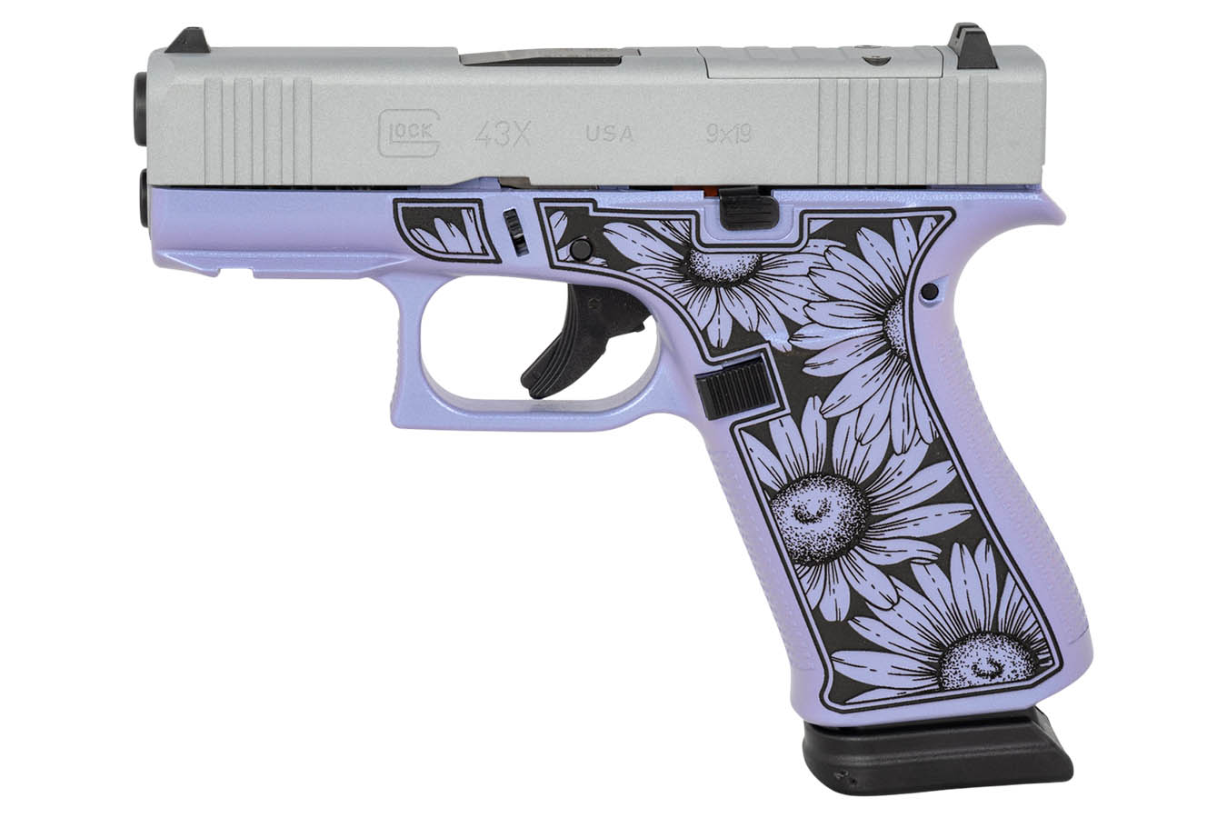 Glock G43X MOS 9mm Optic Ready Pistol with Purple Flower Engraved Finish