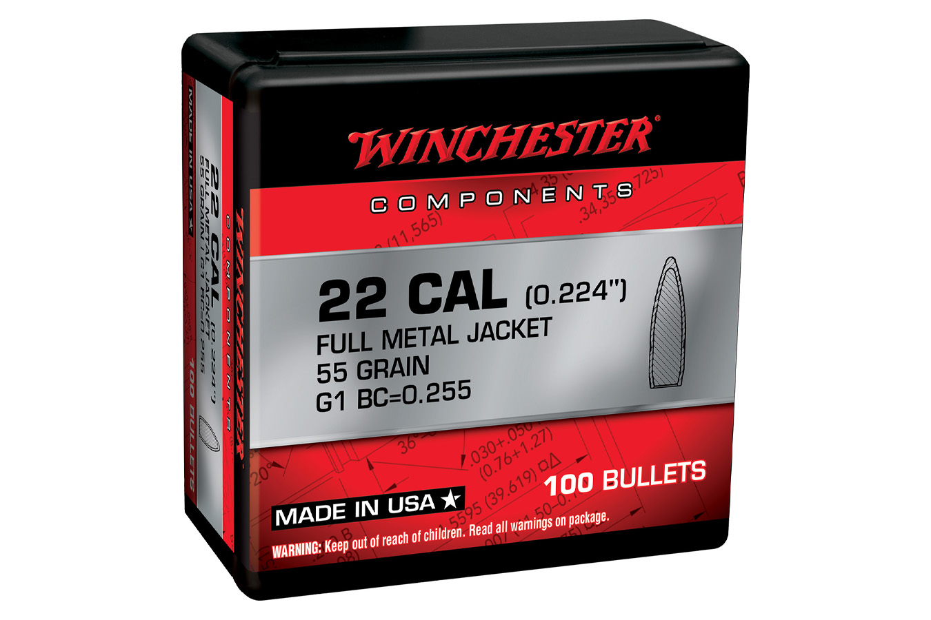 Winchester 22 Cal (5.56) 55gr Full Metal Jacket Boat Tail 100/Box