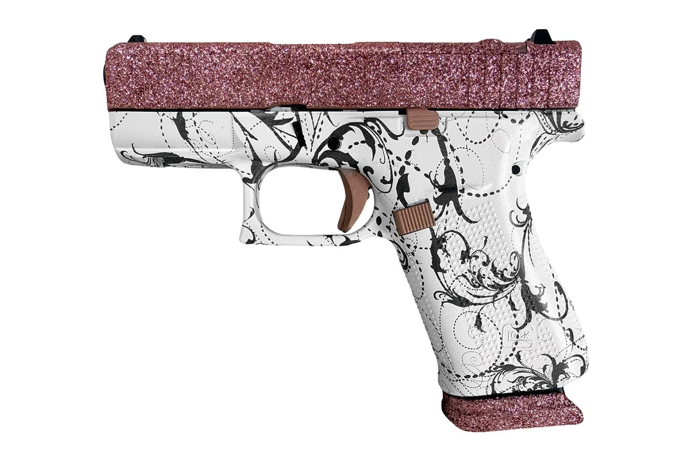 Glock 43X MOS 9mm Optic Ready Pistol with Pixie Glitter and White Paisley Frame